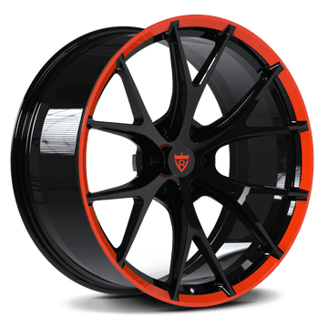 Custom forged monoblock Y-spoke wheels for Dodge Ram 1500 and 2500 with black finish and red trim, 6 lug design.